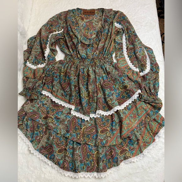 Pink and Silver Gypsy Bohemian Asymmetrical Layered Midi Dress w/ Crochet Trim - Picture 5 of 16